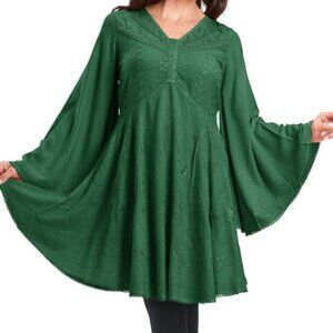 Holyclothing Retired Ariana Forest Green bell sleeve kimono tunic Embroidered